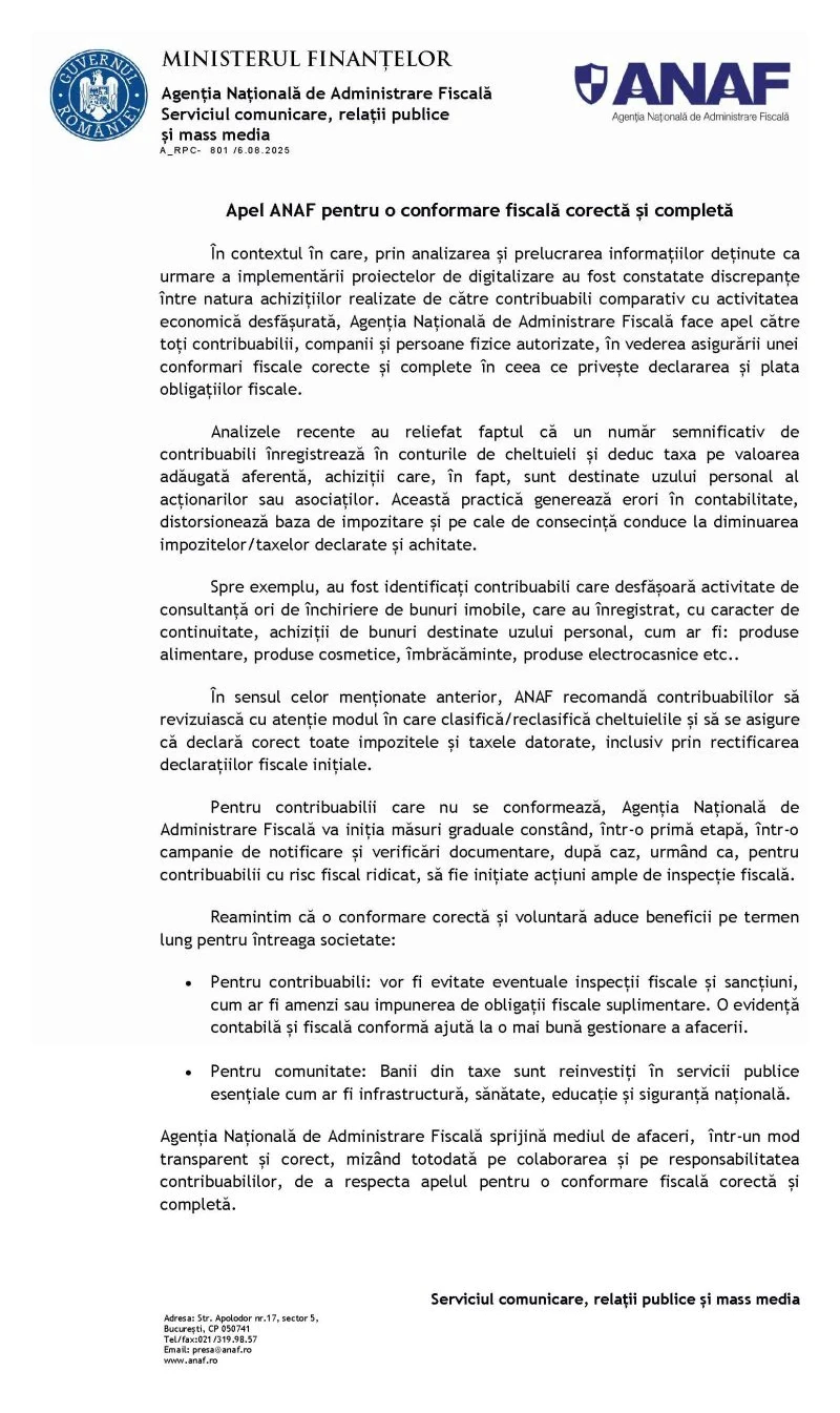 Comunicatul ANAF „Apel ANAF pentru o conformare fiscală corectă și completă”, 6 august 2025
