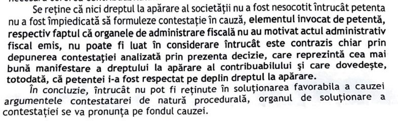 Fragment din decizia de soluționare: dreptul la apărare nu a fost nesocotit, întrucât petenta a putut formula contestație