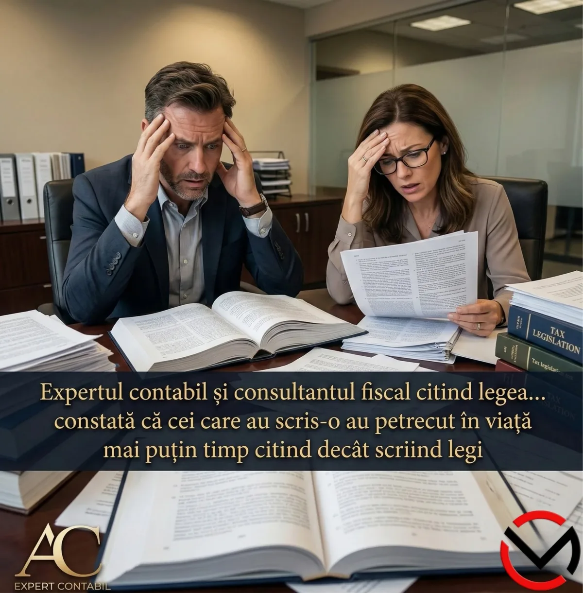 Un expert contabil și un consultant fiscal, cu mâinile la tâmple, printre coduri și dosare. Text: „Expertul contabil și consultantul fiscal citind legea… constată că cei care au scris-o au petrecut în viață mai puțin timp citind decât scriind legi”